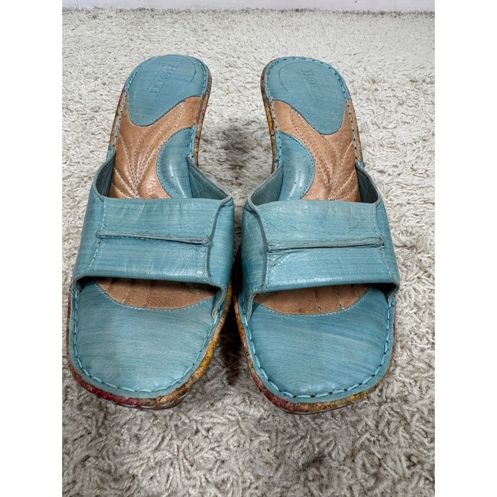 Born Drilles Aqua Leather Floral Platform Wedge Slide Sandals Women's Size 10